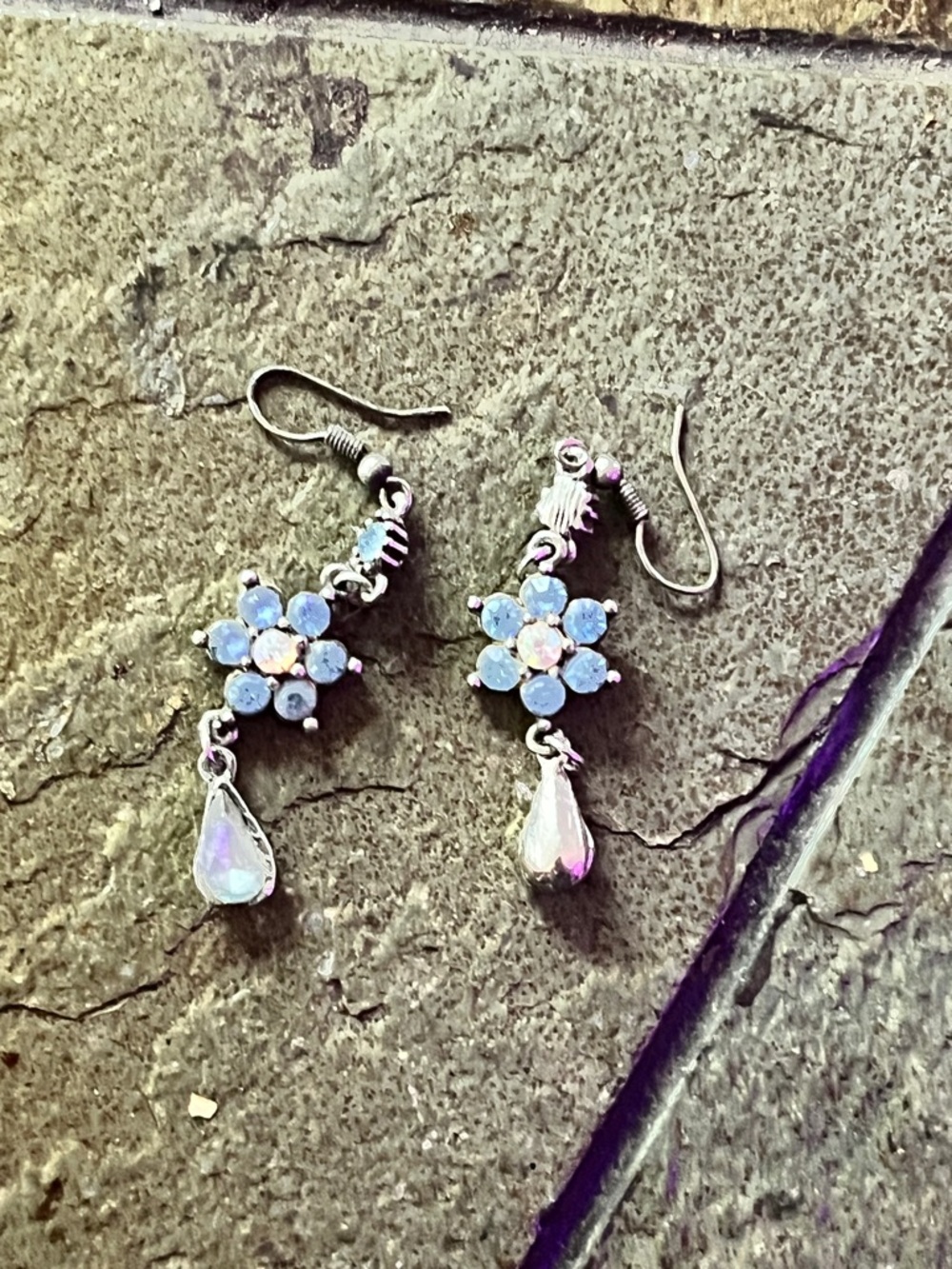 Silver Floral Drop Earrings with White Blue Crystal Stones
